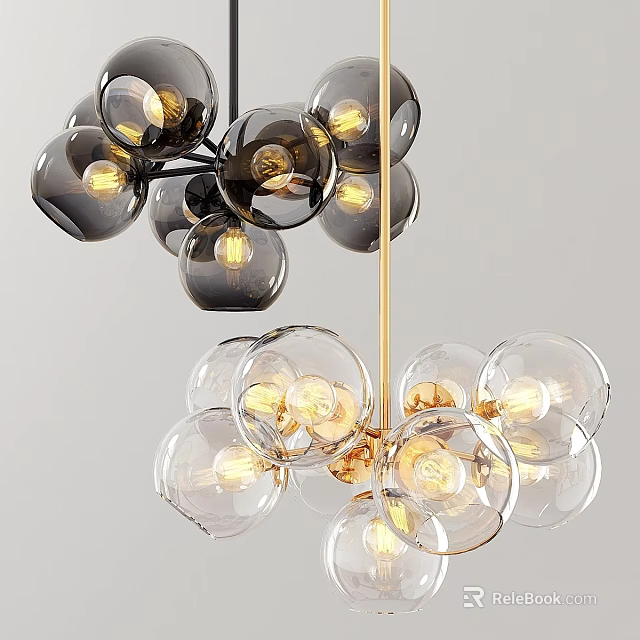 Modern Chandelier Featuring Transparent And Black Glass Globes With Illuminated Golden Frame 3d model 