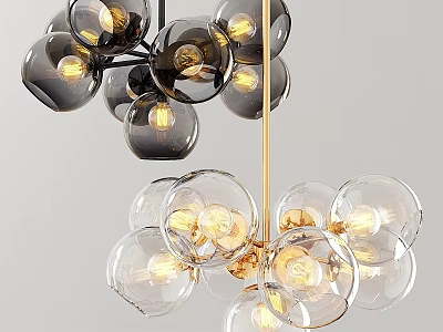 Modern Chandelier Featuring Transparent And Black Glass Globes With Illuminated Golden Frame 3d model