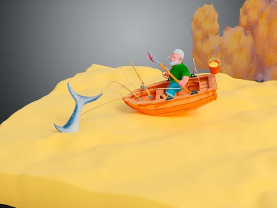 Old Man Fishing In Orange Boat With Blue Fish And Orange Smoke On Yellow Ground 3d model