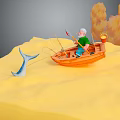 Old Man Fishing In Orange Boat With Blue Fish And Orange Smoke On Yellow Ground