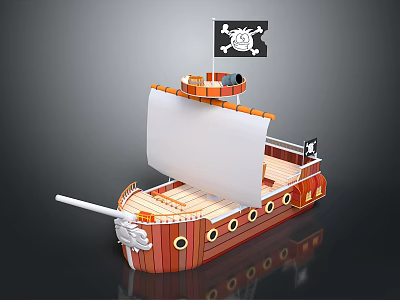 Pirate Ship Model With White Sail Jolly Roger Flag And Wooden Hull 3d model