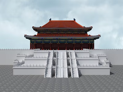 Traditional Ancient Architecture With Red Roof Multi Layered Structure And White Stone Steps 3d model