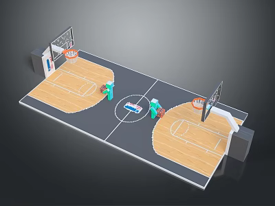 3D Basketball Court Model With Wooden Floor Hoops And Player Figures 3d model