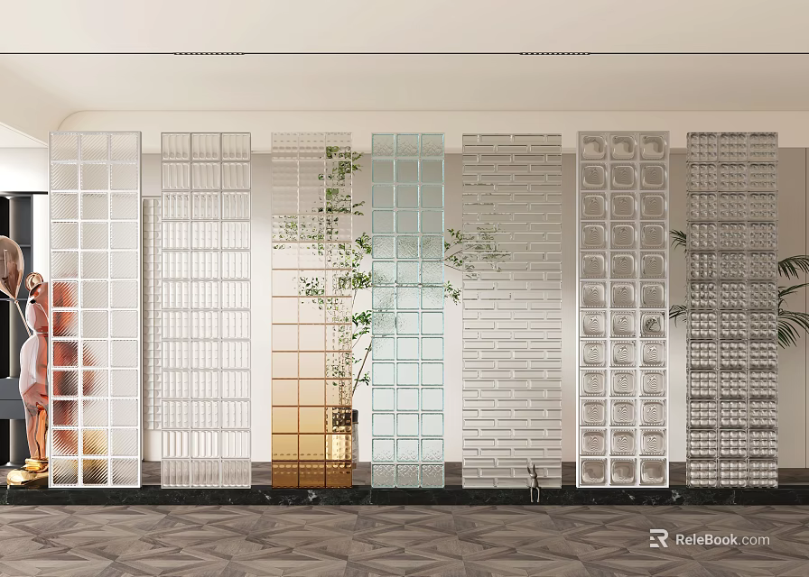 Modern Glass Room Divider With Grid Pattern And Decorative Plants In Interior 3d model 