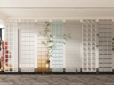 Modern Glass Room Divider With Grid Pattern And Decorative Plants In Interior 3d model