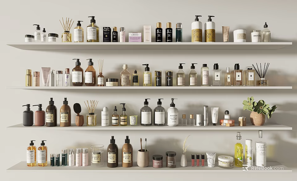 Elegant Perfume and Cosmetics Collection Arranged on Multi Layered Shelves with Various Bottles 3d model 