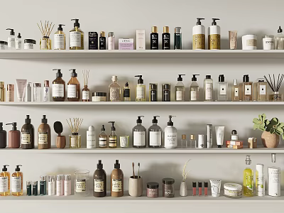 Elegant Perfume and Cosmetics Collection Arranged on Multi Layered Shelves with Various Bottles 3d model