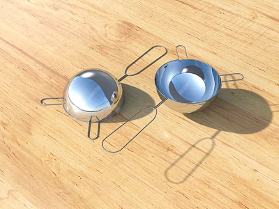 Stainless Steel Cooking Pots With Metal Handles On Wooden Tabletop Surface 3d model