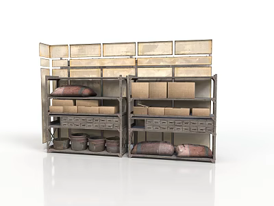 Vintage Style Storage Shelving Unit With Wooden Gray Drawers And Boxes 3d model