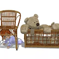 Rattan Single Chair with Teddy Bear Stuffed Toys and Doll in Playful Setting