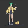 3D Character Model With Green Hair Yellow Jacket Purple Platform And Yellow Ducklings