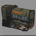 Military Style Green Portable Generator With Control Panel Blue Buttons Orange Indicators And Orange Cable