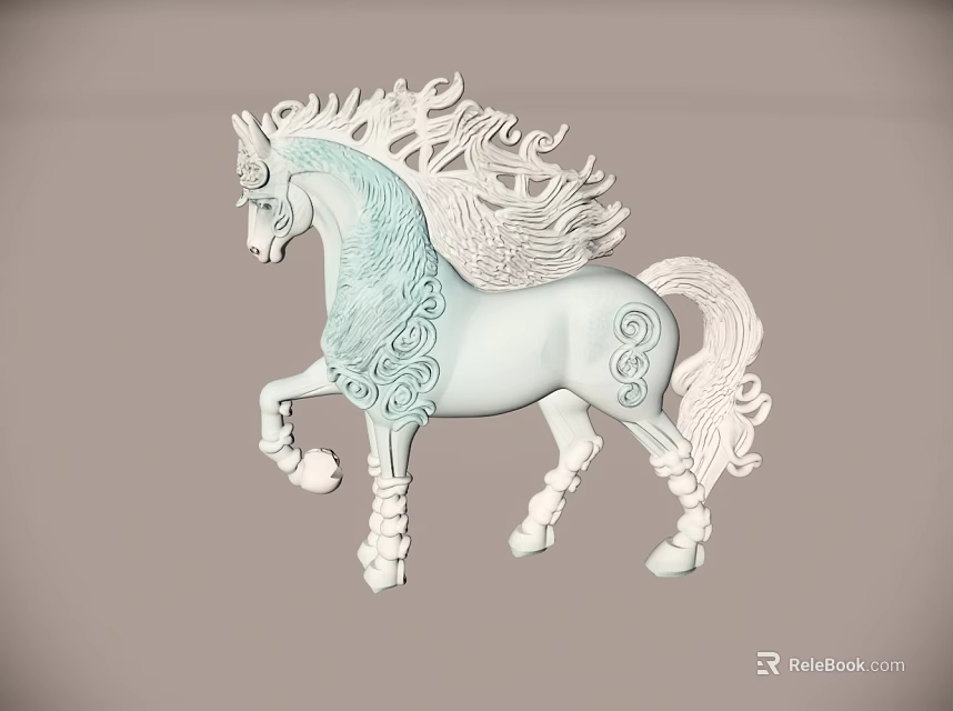 Artistic 3D Decorative Horse Figurine With Intricate Swirl Patterns And Light Blue White Tones 3d model 
