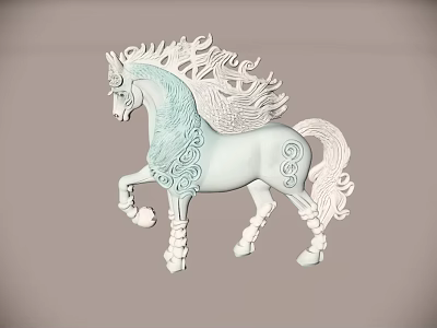 Artistic 3D Decorative Horse Figurine With Intricate Swirl Patterns And Light Blue White Tones 3d model