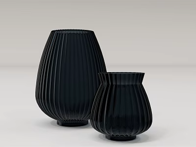 Two Modern Black Striped Ceramic Vases For Home Decorative 3d model