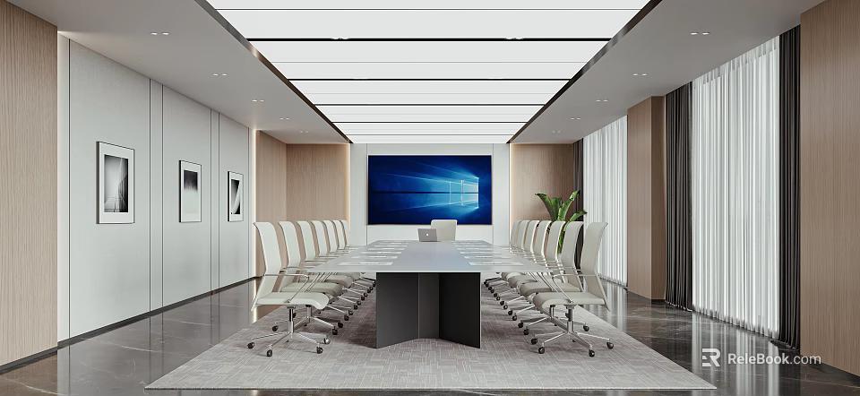 Modern Conference Room With Long Table White Chairs Large Screen And Ceiling Lights 3d model