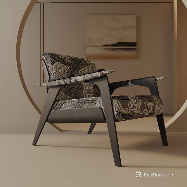 Modern Accent Chair With Black Wooden Frame And Patterned Fabric Upholstery In Neutral Room 3d model 