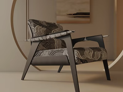 Modern Accent Chair With Black Wooden Frame And Patterned Fabric Upholstery In Neutral Room 3d model