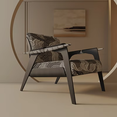 Modern Accent Chair With Black Wooden Frame And Patterned Fabric Upholstery In Neutral Room 3d model