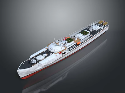 Seagulls Resting On Deck Of Modern Naval Ship Model With Red Hull 3d model