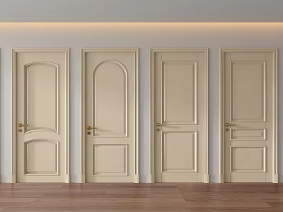 Four Cream Colored Hinged Doors With Various Designs And Golden Handles 3d model