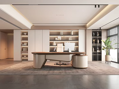 Modern Office Interior Design With Executive Desk Built in Bookshelves Office Chair And Floor Plant 3d model