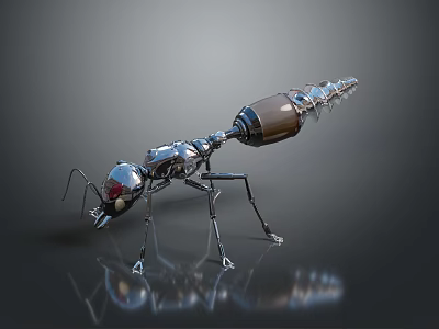 Silver Metallic Mechanical Ant with Mechanical Structure and Brown Abdomen in Dark Background 3d model