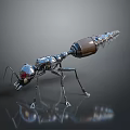 Silver Metallic Mechanical Ant with Mechanical Structure and Brown Abdomen in Dark Background