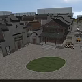 Ancient Architecture Complex Featuring Traditional Roofs Circular Lawn And Stone Paved Square 3d model