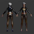 Two Female 3D Character Models Front Back View With Tight Costume And Hat Design 3d model