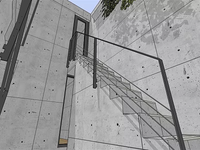 Modern Staircase With Gray Concrete Walls Black Metal Handrail And Glass Balustrade Design 3d model