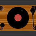 Modern Vinyl Turntable with Wooden Base Black Platter Red Center Record and Tonearm