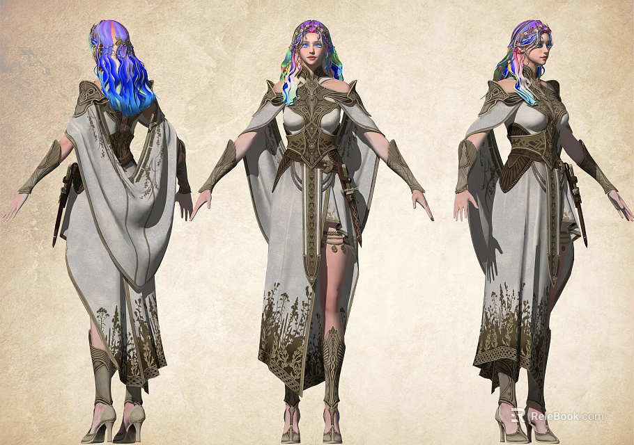 Game Movie Female Character Purple Blue Gradient Hair White Robe Gold Decorations High Heels Different Views 3d model 