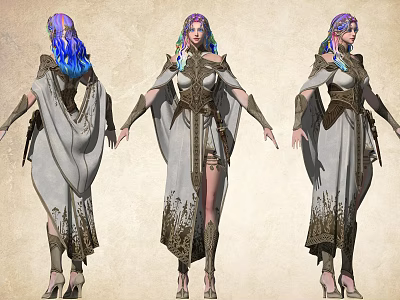 Game Movie Female Character Purple Blue Gradient Hair White Robe Gold Decorations High Heels Different Views 3d model