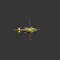 Yellow Emergency Helicopter with Red Black Striped Rotors and Green Accents on Reflective Surface