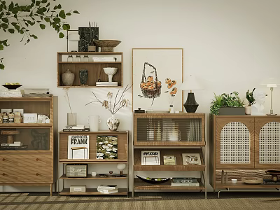 Natural Wooden Console Table And Side Cabinet With Open Shelves Glass Doors And Decorative Plants 3d model