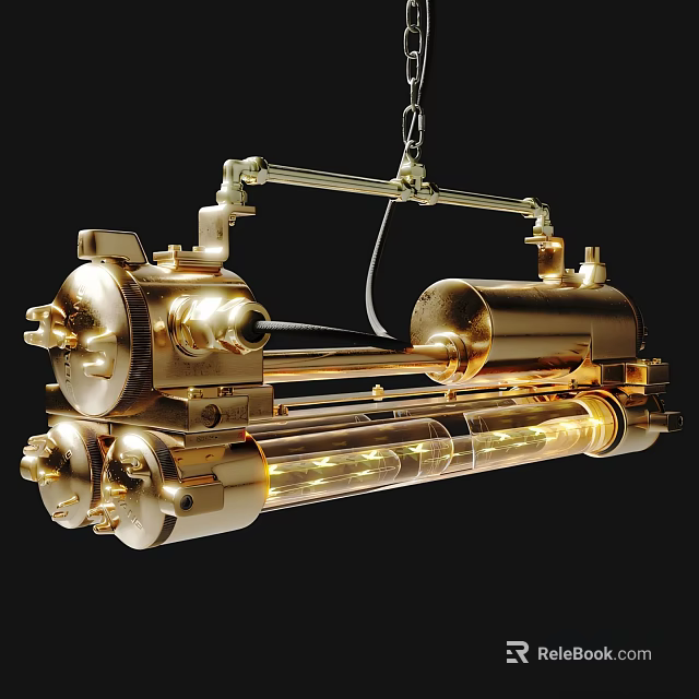 Brass Industrial Chandelier With Cylindrical Metal Parts And Glass Tube Design 3d model 