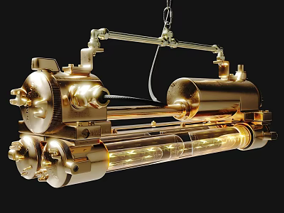 Brass Industrial Chandelier With Cylindrical Metal Parts And Glass Tube Design 3d model