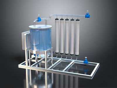 Industrial Filtration Equipment With Blue Transparent Tank And White Cylindrical Tubes On Metal Frame 3d model