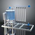 Industrial Filtration Equipment With Blue Transparent Tank And White Cylindrical Tubes On Metal Frame