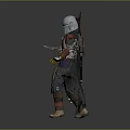 Game And Movie Character Wearing Mandalorian Style Armor With Helmet Red Brown Cloak And Weapon