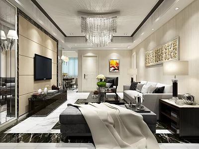 Modern Living And Dining Room Interior With Crystal Chandelier Marble Floor And Gray Sofa 3d model