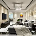 Modern Living And Dining Room Interior With Crystal Chandelier Marble Floor And Gray Sofa