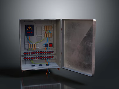 Open Metal Household Electrical Distribution Box With Internal Switches Wires And Warning Label 3d model