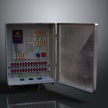 Open Metal Household Electrical Distribution Box With Internal Switches Wires And Warning Label