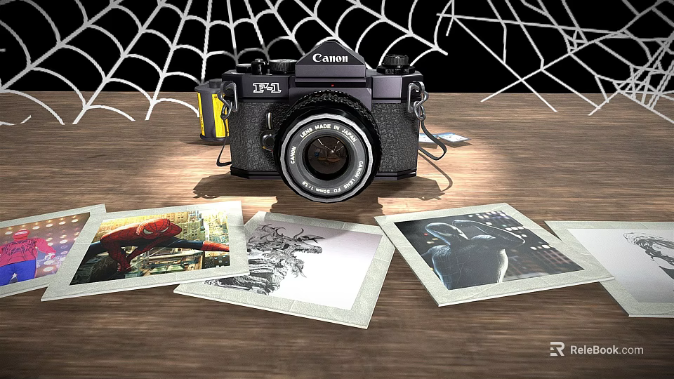Vintage Canon Digital Camera On Wooden Table With Spider Web And 3d model 