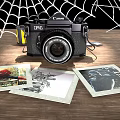 Vintage Canon Digital Camera On Wooden Table With Spider Web And 3d model