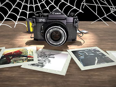 Vintage Canon Digital Camera On Wooden Table With Spider Web And 3d model