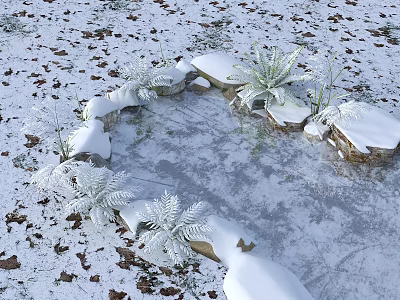 Frozen Water Fountain Surrounded by Snow Covered Stones Ferns and Fallen Leaves 3d model