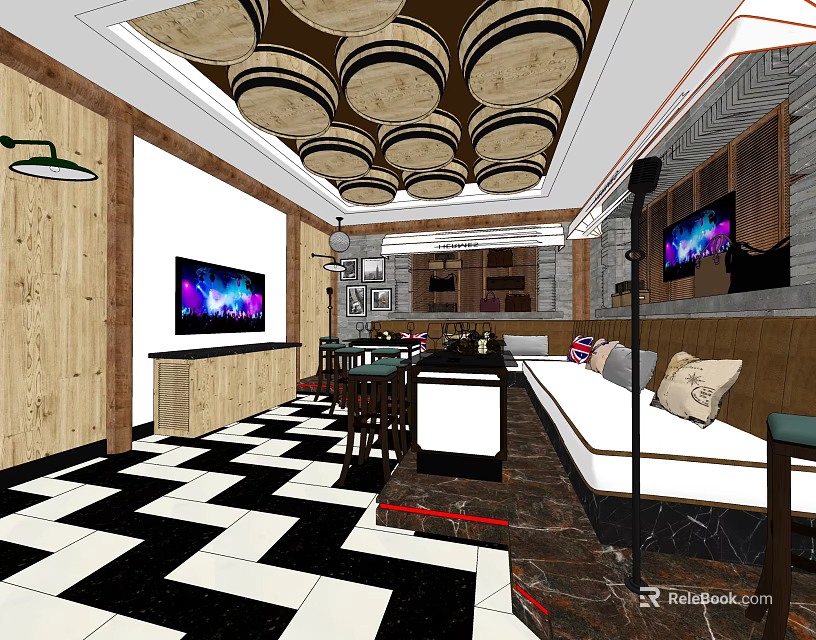 Modern KTV Interior Design With Barrel Ceiling Checkered Floor TV Screens And Sofa 3d model 